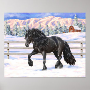 Póster Caballo Friesiano Negro Borrador En Nieve