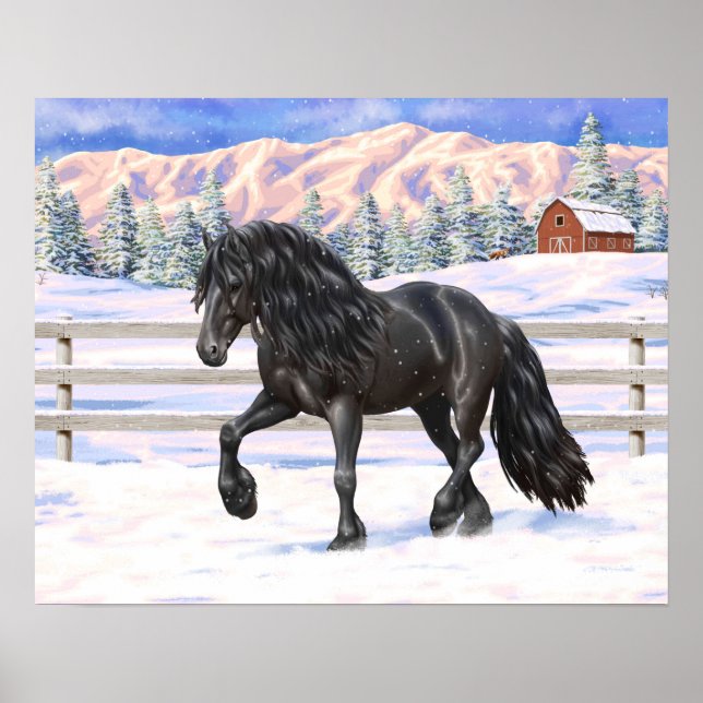 Póster Caballo Friesiano Negro Borrador En Nieve (Frente)