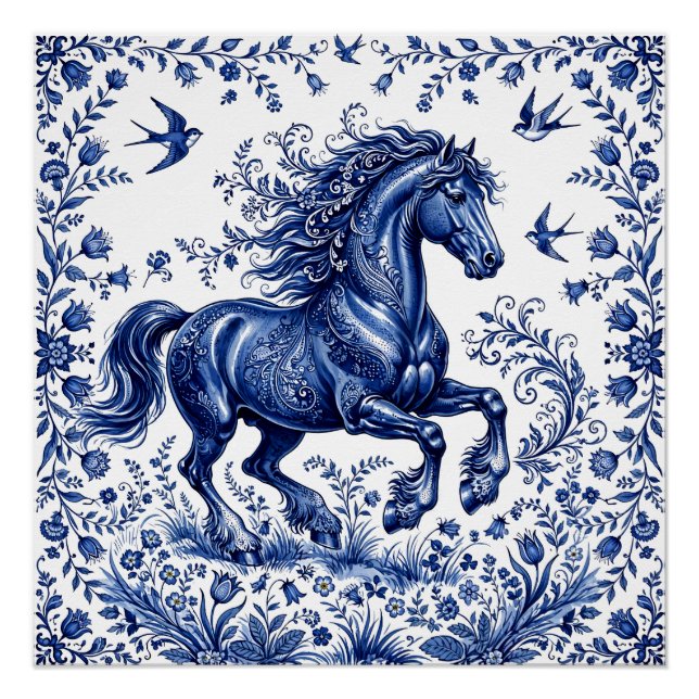 Póster Caballo frisón al estilo Delftware en prado (Anverso)