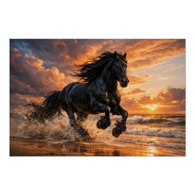 Póster Caballo Frisón Negro al Atardecer, Poderosa Carrer (Anverso)