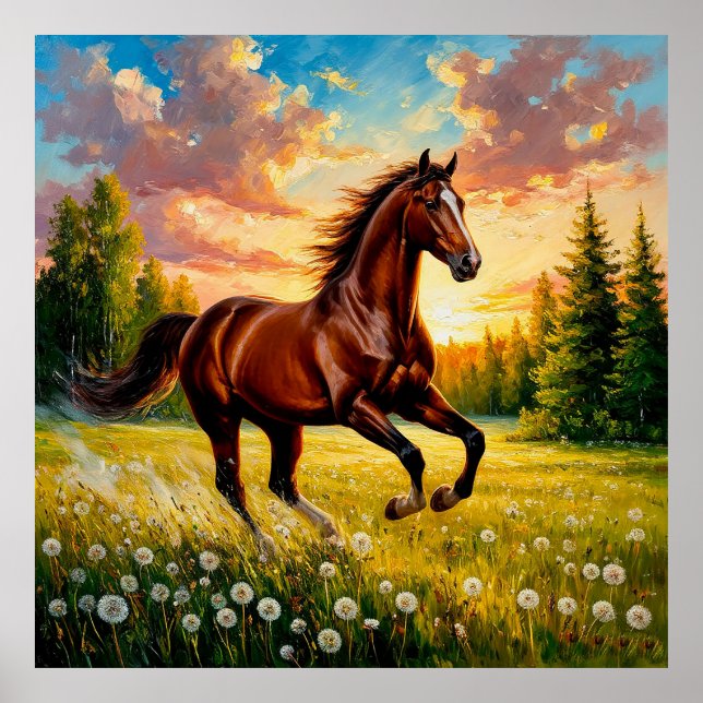 Póster Caballo Galopando en un Campo Florido (Frente)