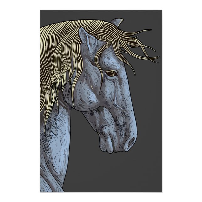 Póster Caballo gris majestuoso con melena fluida (Anverso)