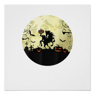 Póster caballo halloween jinete sin cabeza Calabaza y lun