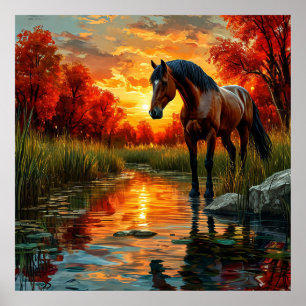 Póster Caballo junto al arroyo al atardecer en un bosque 