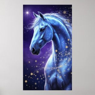 Póster Caballo Mágico Azul Bajo Cielo Nocturno Estrellado