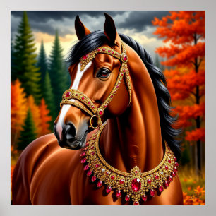 Póster Caballo majestuoso con arnés de oro ornamentado