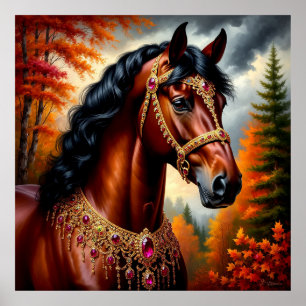 Póster Caballo majestuoso con arnés de oro ornamentado