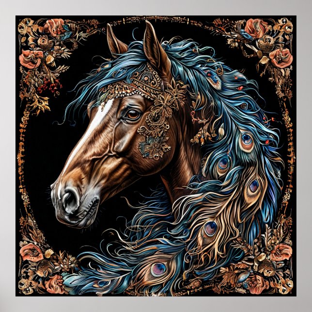 Póster Caballo Majestuoso Con Mano Azul Ornate (Frente)