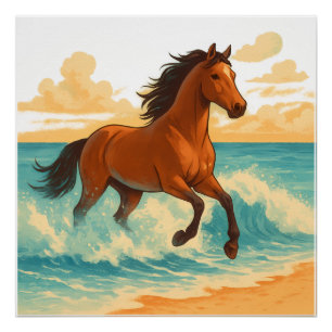 Póster Caballo Majestuoso Elevándose del Poder del Mar y