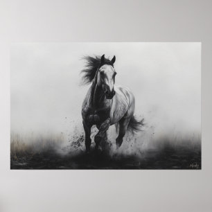 Póster Caballo majestuoso galopando en blanco y negro