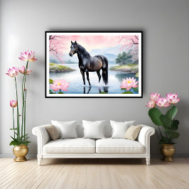 Póster Caballo majestuoso y belleza del loto