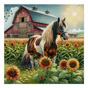 Póster Caballo manchado, granero rústico, amanecer en la 