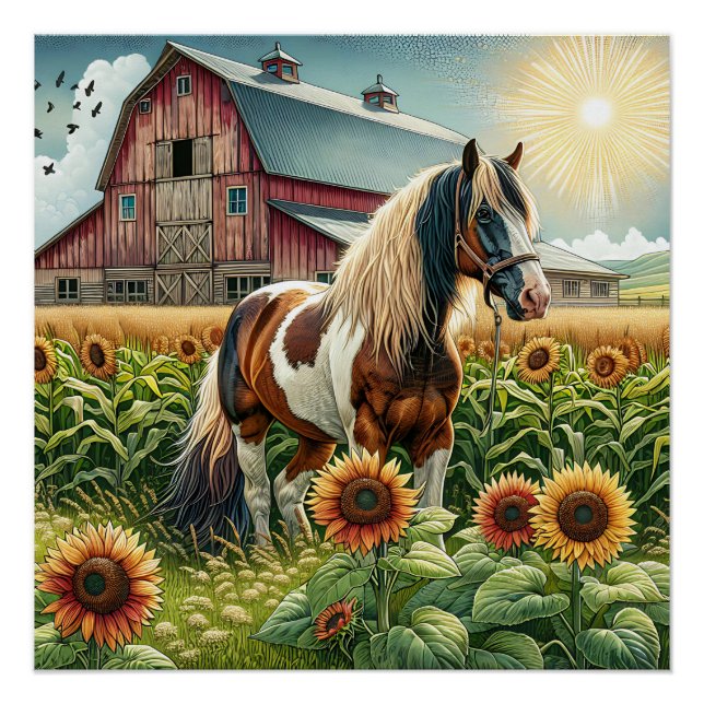 Póster Caballo manchado, granero rústico, amanecer en la  (Anverso)