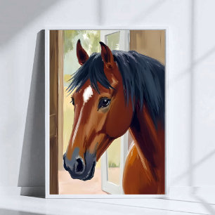 Póster Caballo Marrón Acuarela Animal País Granero