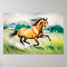 Caballo marrón corriendo a través de un prado