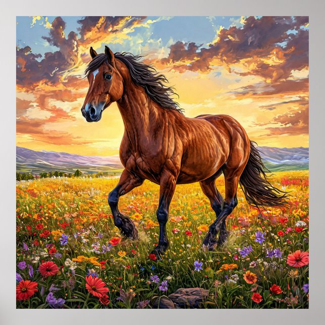 Póster Caballo marrón majestuoso corriendo (Frente)