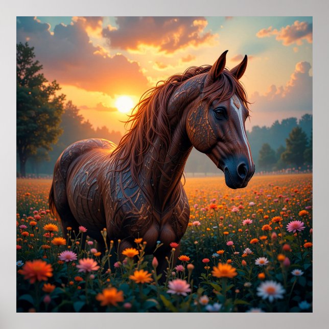 Póster Caballo Místico en Campo de Flores (Frente)