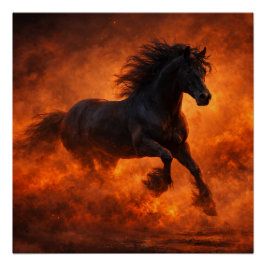 Póster Caballo Negro Azabache Corriendo a Través de Niebl