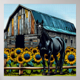 Póster Caballo negro bonito y granero rústico con girasol