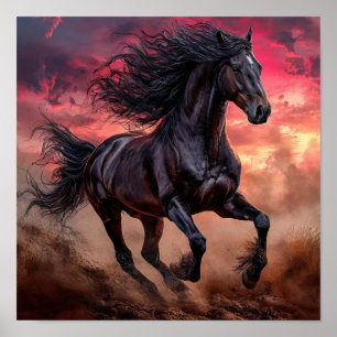 Póster Caballo Negro Cielo Rosa Paisaje Soñado Estético