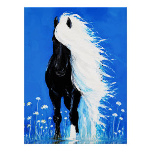 Póster Caballo Negro con Crin Blanca Caminando sobre el A