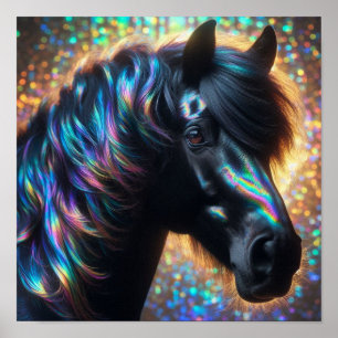 Póster Caballo negro con crin iridiscente