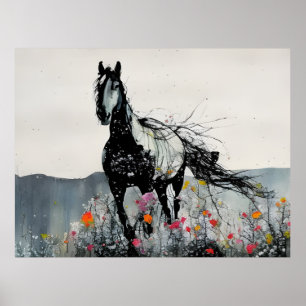 Póster Caballo negro con flores silvestres