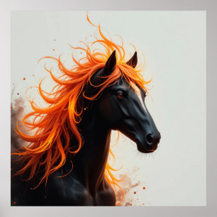 Póster Caballo Negro con Lujuriosa Melena Naranja Fulgura