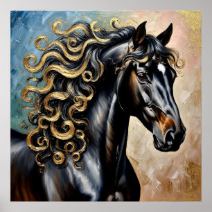 Póster Caballo Negro Con Toques Dorados