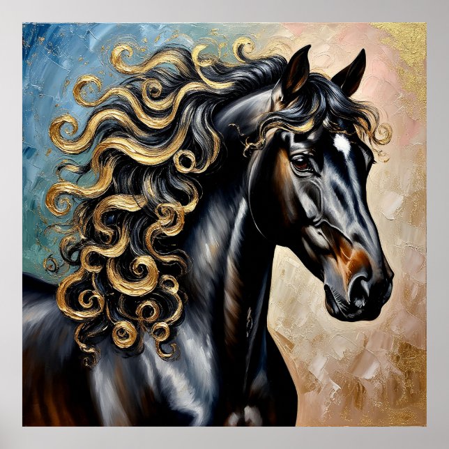 Póster Caballo Negro Con Toques Dorados (Frente)