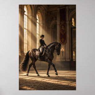 Póster Caballo negro de dressage y jinete en gran picader