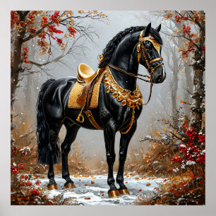 Póster Caballo negro elegante adornado con arreos dorados