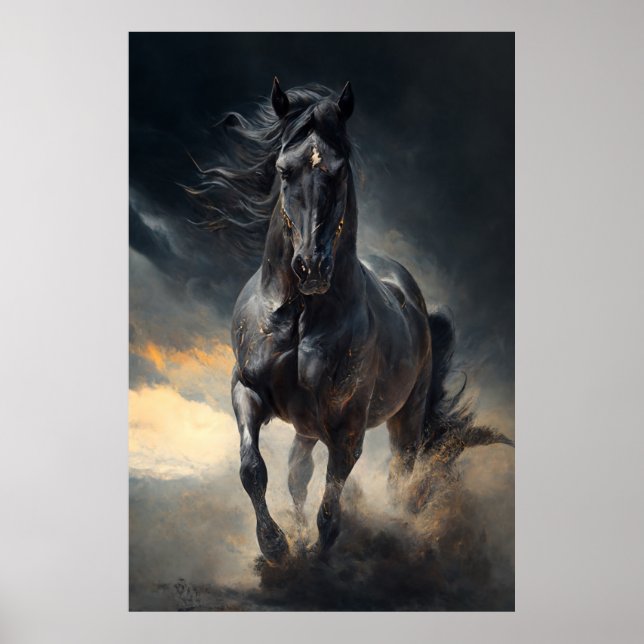 Póster Caballo negro en la pintura de tormentas (Frente)