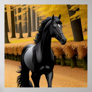 Póster Caballo negro en un pintoresco camino forestal de 