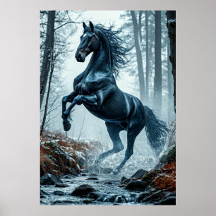 Póster Caballo Negro Galopando a Través de un Arroyo del 