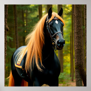 Póster Caballo Negro Majestuoso con Crin Fluyente