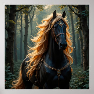 Póster Caballo Negro Majestuoso con Crin Fluyente