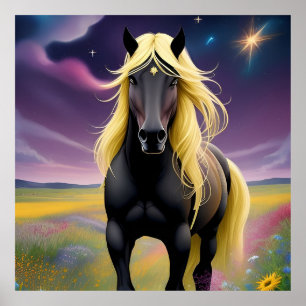 Póster Caballo negro majestuoso con melena dorada fluida