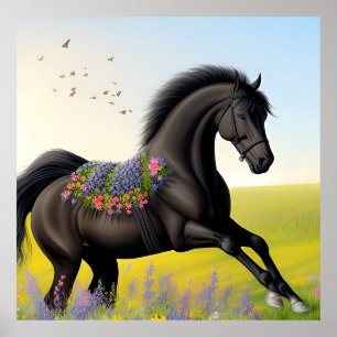 Póster Caballo Negro Majestuoso Corriendo