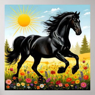 Póster Caballo Negro Majestuoso Corriendo