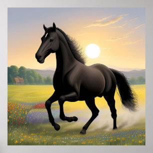 Póster Caballo Negro Majestuoso Corriendo