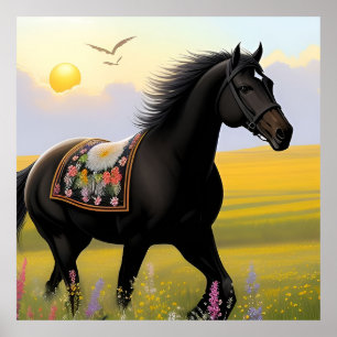 Póster Caballo Negro Majestuoso Corriendo