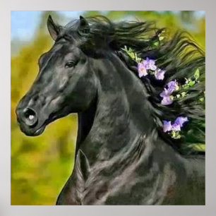 Póster caballo negro melena florecida, Papel fijar (mate)