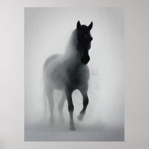 Póster Caballo Negro Misterioso Emergente de la Niebla