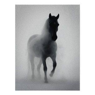 Póster Caballo Negro Misterioso Emergente de la Niebla
