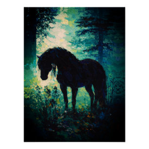 Póster Caballo Negro Misterioso en el Bosque