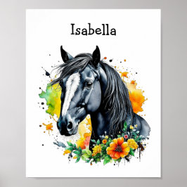 Póster Caballo negro rodeado de flores personalizadas
