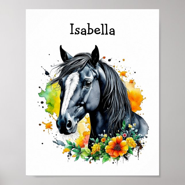 Póster Caballo negro rodeado de flores personalizadas (Frente)