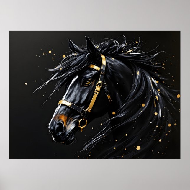 Póster Caballo negro sobre negro con toques de oro y blan (Frente)
