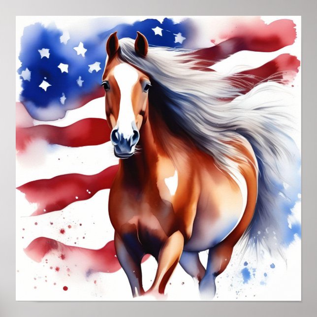 Póster Caballo Patriótico con Poster de acuarela de bande (Frente)